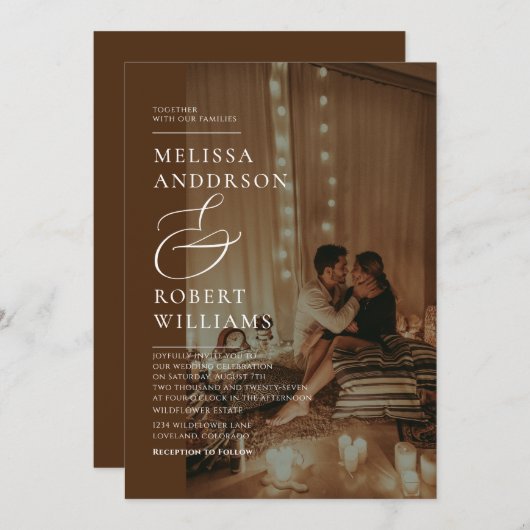 シックカジュアル金ゴールドとブラウンフォト結婚ズ 招待状 (正面/裏面)