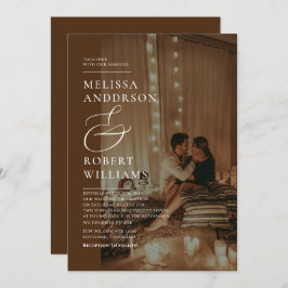 シックカジュアル金ゴールドとブラウンフォト結婚ズ 招待状