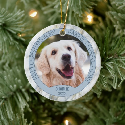 シックカスタムなグレーブルー大理石に可愛い子犬の写真 セラミックオーナメント (ツリー)