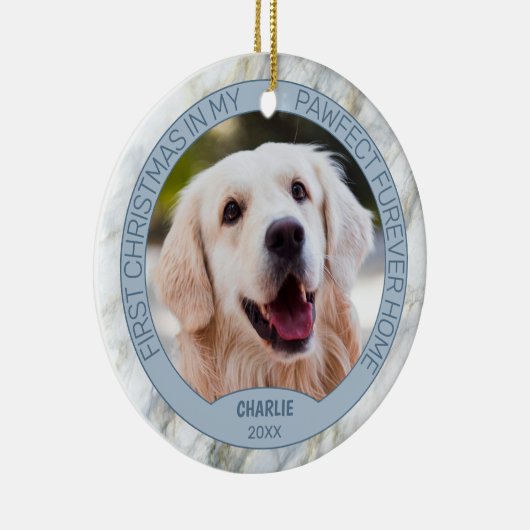 シックカスタムなグレーブルー大理石に可愛い子犬の写真 セラミックオーナメント (右)