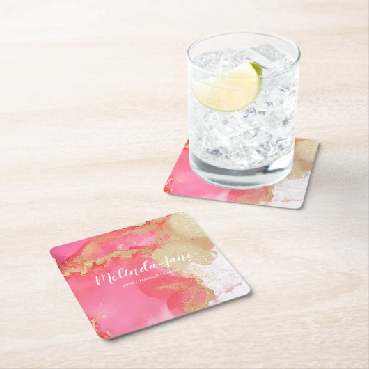 シックカスタムな金ゴールドピンクの水の色ブロット スクエアペーパーコースター (インサイチュ)