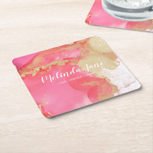 シックカスタムな金ゴールドピンクの水の色ブロット スクエアペーパーコースター (アングル)