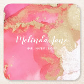 シックカスタムな金ゴールドピンクの水の色ブロット スクエアペーパーコースター (正面)