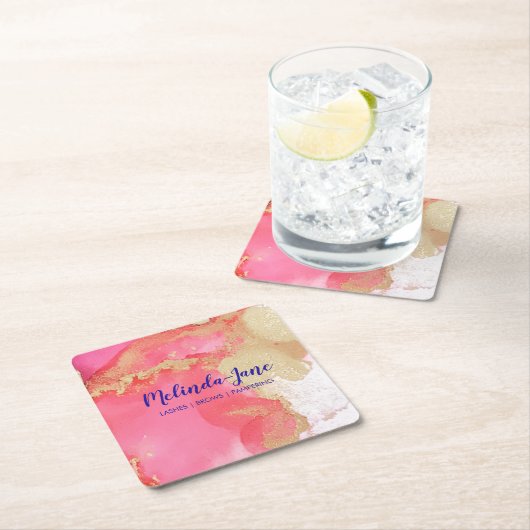シックカスタムな金ゴールドピンク紫の水色ブロ スクエアペーパーコースター (インサイチュ)