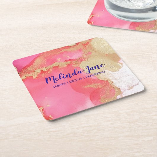 シックカスタムな金ゴールドピンク紫の水色ブロ スクエアペーパーコースター (アングル)