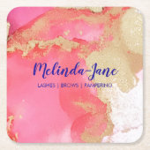 シックカスタムな金ゴールドピンク紫の水色ブロ スクエアペーパーコースター (正面)