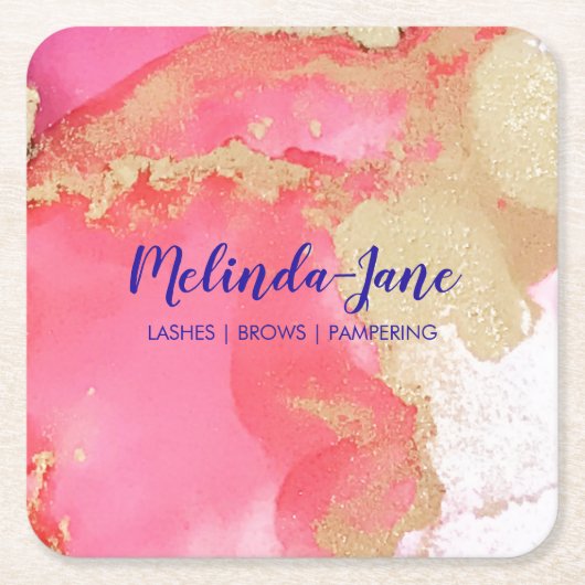 シックカスタムな金ゴールドピンク紫の水色ブロ スクエアペーパーコースター (正面)