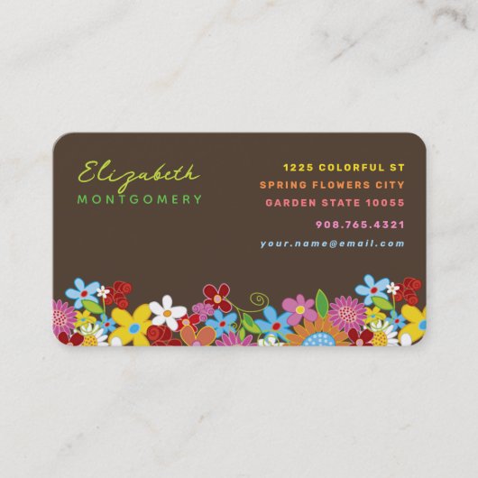 シックカラフルおもしろいお洒落春の花ガーデン 名刺 (正面)