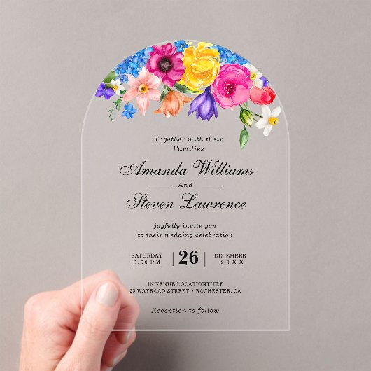 シックカラフルの明るい結婚ワイルドフラワーズアーチ アクリル招待状 (インサイチュ (ポータブル))