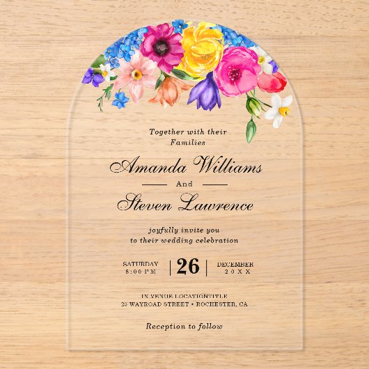 シックカラフルの明るい結婚ワイルドフラワーズアーチ アクリル招待状 (正面)