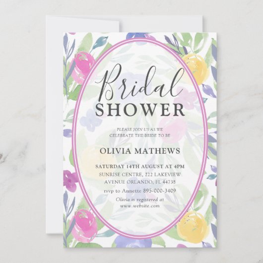 シックカラフルウォーターカラーバラブライダルシャワー 招待状 (正面)