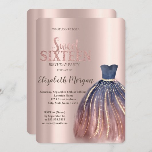 シックカラフルドレス、バラ金ゴールドスウィート16 招待状 (正面/裏面)