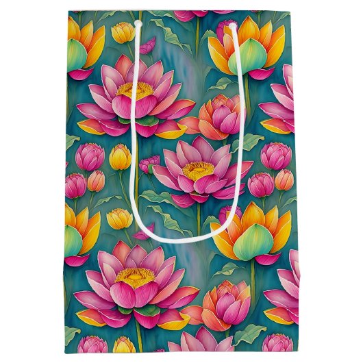 シックカラフルピンクレンスフラワーボタニカルグリーン ミディアムペーパーバッグ (裏面)