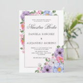 シックカラフルフローラヌエストラスペインのボダ結婚ズ 招待状 (スタンド正面)