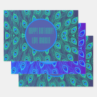 シックカラフルブルーティール（緑がかった色）孔雀フェザーカスタム ラッピングペーパーシート