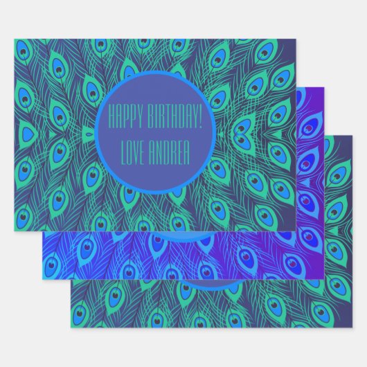 シックカラフルブルーティール(緑がかった色)孔雀フェザーカスタム ラッピングペーパーシート (セット)