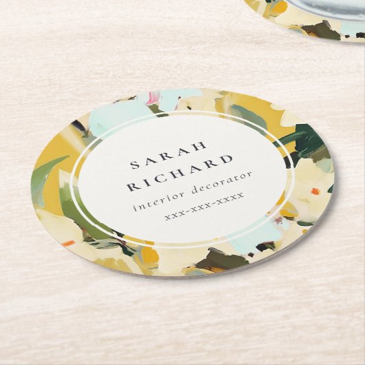 シックカラフルボホイエローオークル絵を描フローラ ラウンドペーパーコースター (アングル)
