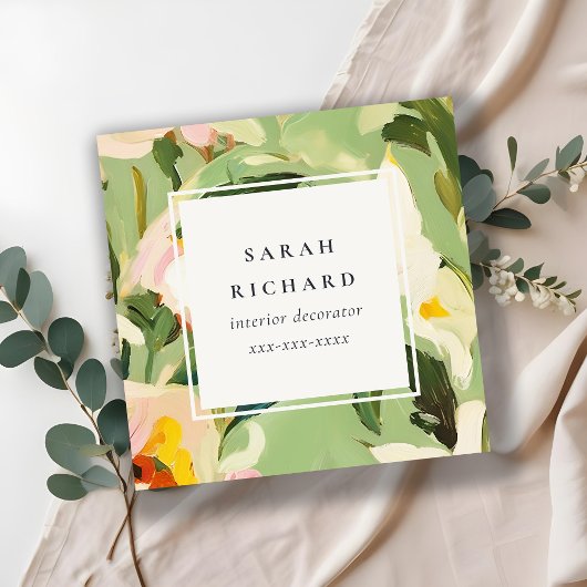 シックカラフルボホグリーンピ絵を描ンクフローラ スクエア名刺