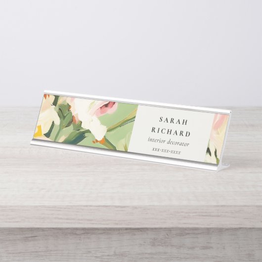 シックカラフルボホグリーンピ絵を描ンクフローラ デスクネームプレート (正面)