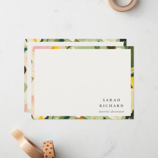 シックカラフルボホグリーンピ絵を描ンクフローラ ノートカード (正面/裏面インサイチュ)