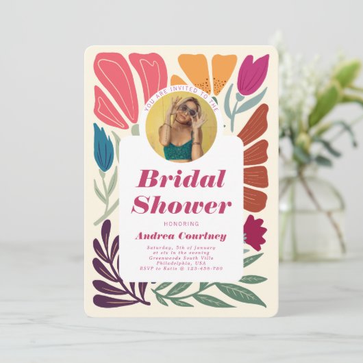 シックカラフルミスマッチフローラブライダルシャワー写真 招待状 (スタンド正面)