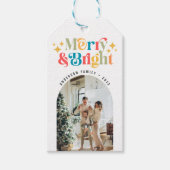 シックカラフルレトロメリーと明るいクリスマスフォト ギフトタグ (正面)