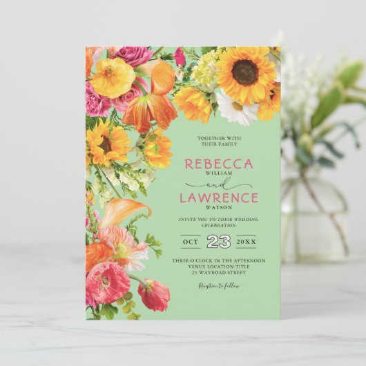 シックカラフル春花模様結婚式招待状 招待状 (スタンド正面)