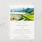 シックカントリーサイドレイクビレッジランドスケープ婚約 招待状 (正面/裏面)