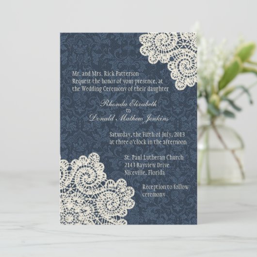 シックカントリーデニムダマスク&アイボリーレ結婚ースズ3 招待状 (スタンド正面)