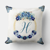 シックカントリーモノグラムブルー金ゴールドフローラリース クッション (正面)