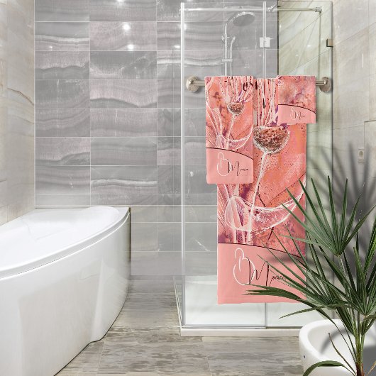 シックガーリーなサーモンピンクの花 バスタオルセット