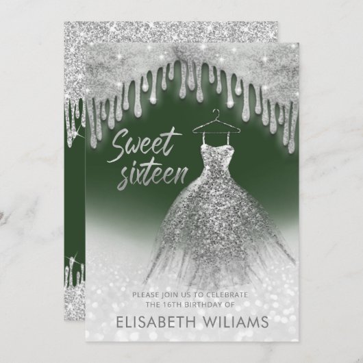 シックガーリーなドレスは銀色の輝く緑のグラデーション乾燥 招待状 (正面/裏面)