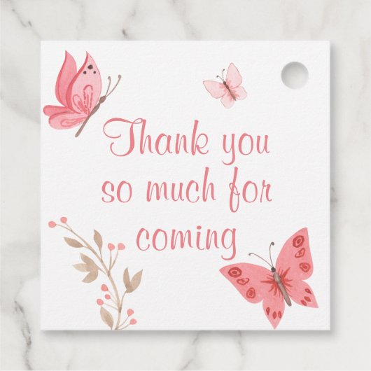 シックガーリーなピンクのフローラ蝶ベビーシャワー フェイバータグ (裏面)