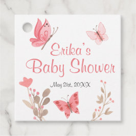 シックガーリーなピンクのフローラ蝶ベビーシャワー フェイバータグ