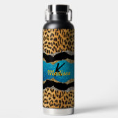シックガーリーアニマルプリントターコイズグリッターモノグラム ウォーターボトル (正面)