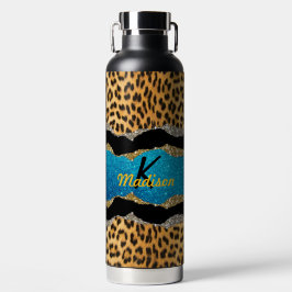 シックガーリーアニマルプリントターコイズグリッターモノグラム ウォーターボトル