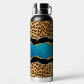 シックガーリーアニマルプリントターコイズグリッターモノグラム ウォーターボトル (背面)