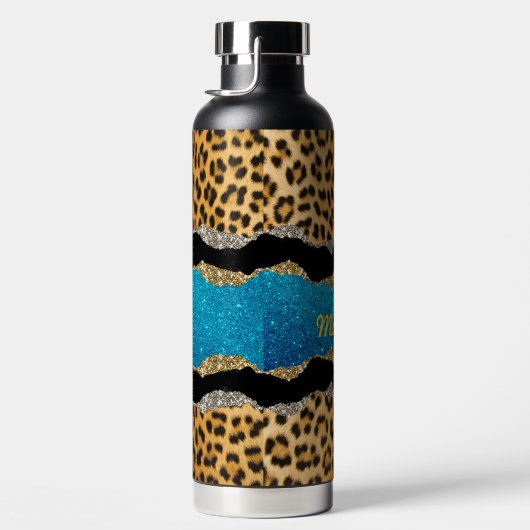 シックガーリーアニマルプリントターコイズグリッターモノグラム ウォーターボトル (右面)