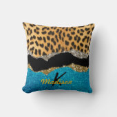 シックガーリーアニマルプリントターコイズグリッターモノグラム クッション (正面)