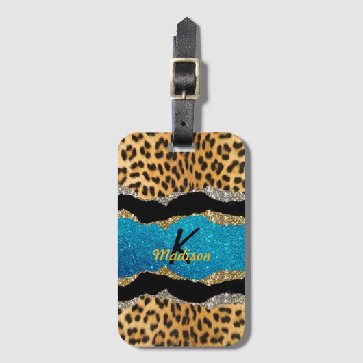 シックガーリーアニマルプリントターコイズグリッターモノグラム ラゲッジタグ (正面縦)