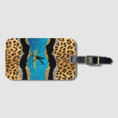 シックガーリーアニマルプリントターコイズグリッターモノグラム ラゲッジタグ (正面横)