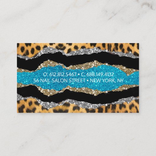 シックガーリーアニマルプリントターコイズグリッターモノグラム 名刺 (裏面)