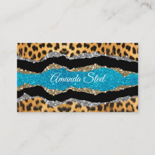 シックガーリーアニマルプリントターコイズグリッターモノグラム 名刺 (正面)