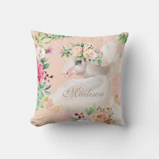 シックガーリーウォーターカラーフローラユニコーンパーソナライズされた クッション (正面)