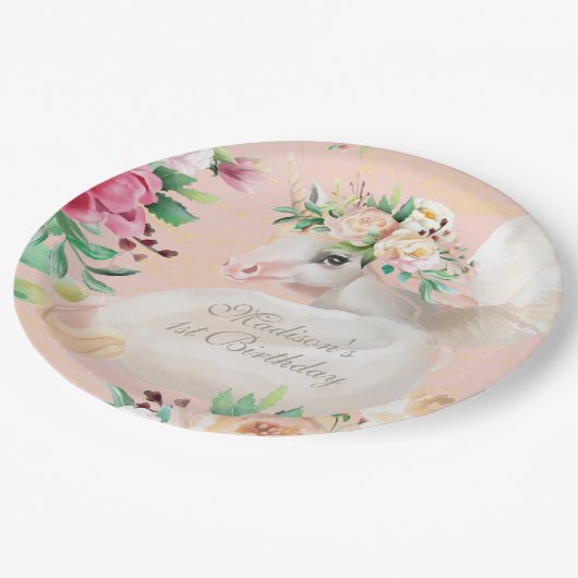 シックガーリーウォーターカラーフローラユニコーンパーソナライズされた ペーパープレート (アングル)