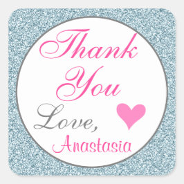 シックガーリーグラムピンクライトブルーグリッターありがとう スクエアシール