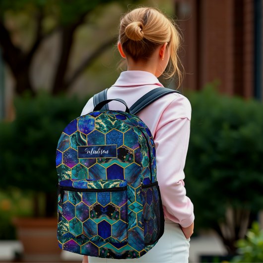 シックガーリーグリッターフェイクターコイズブルージオメトリック プリントバックパック