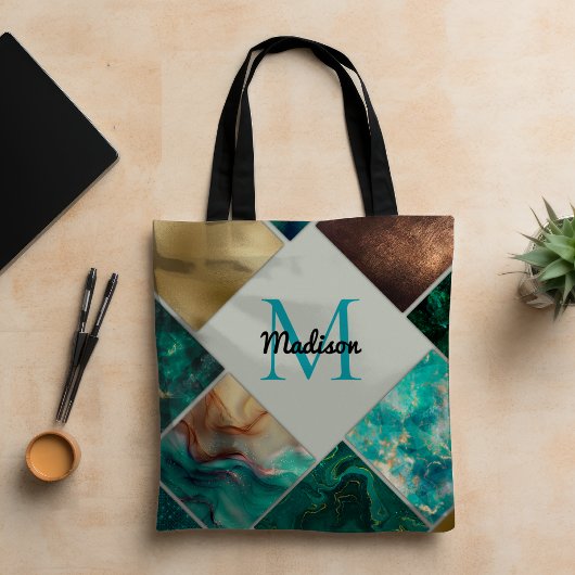 シックガーリーグリッターフェイク金ゴールドターコイズ幾何学 トートバッグ
