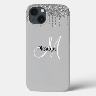 シックガーリーシルバーグリッタードリップスモノグラム名 iPhone 13ケース