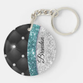 シックガーリーシルバーフェイクグリッターブラックティール(緑がかった色)モノグラム キーホルダー (裏面)